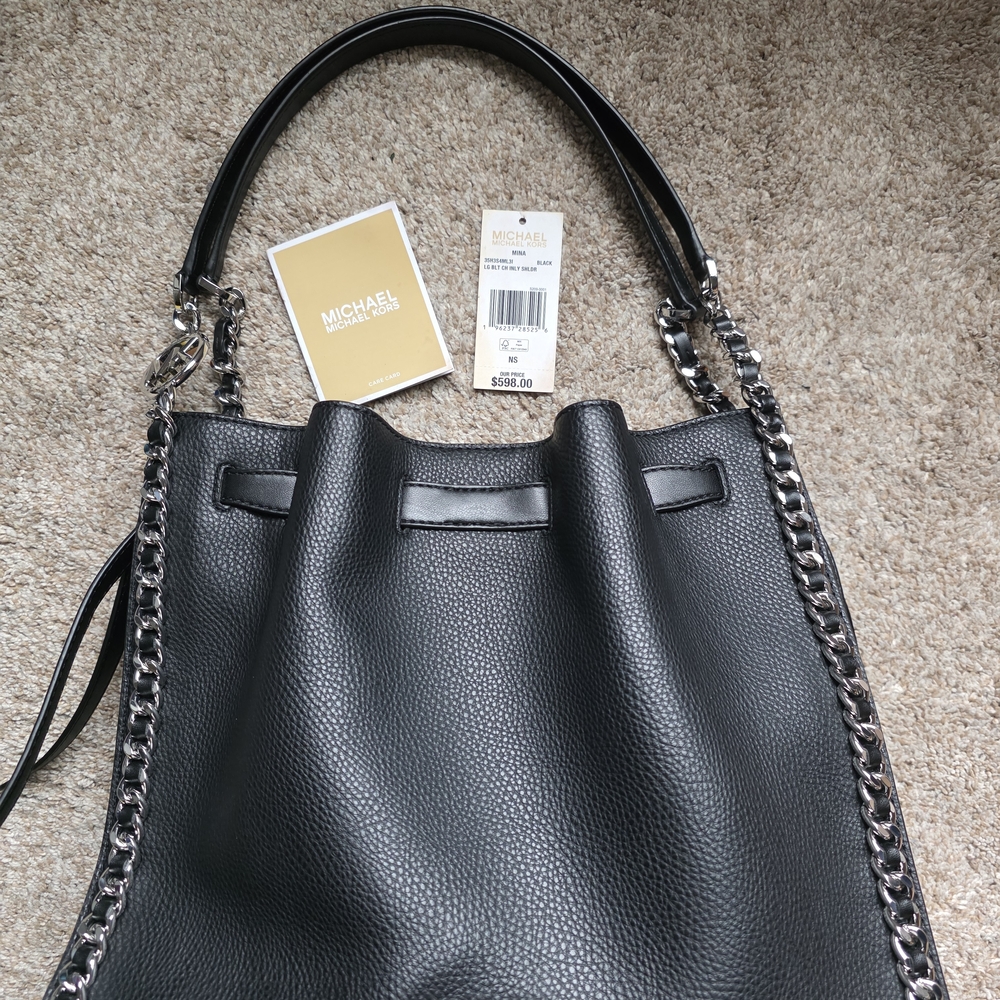 Michael Kors Black Leather Chain Tote And Wallet